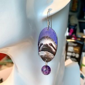 Hand Painted sloth earrings sterling wires, purple bead OOAK wildlife earrings